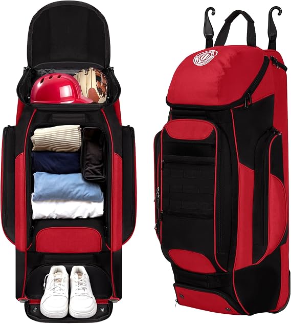 Shopsource Catchers Gear Bag with Wheels, Rolling Baseball & Softball Catchers Bags with 4 Bat Sleeves, Fence-Hooks, Separate Shoe Compartments and Multi-Pockets