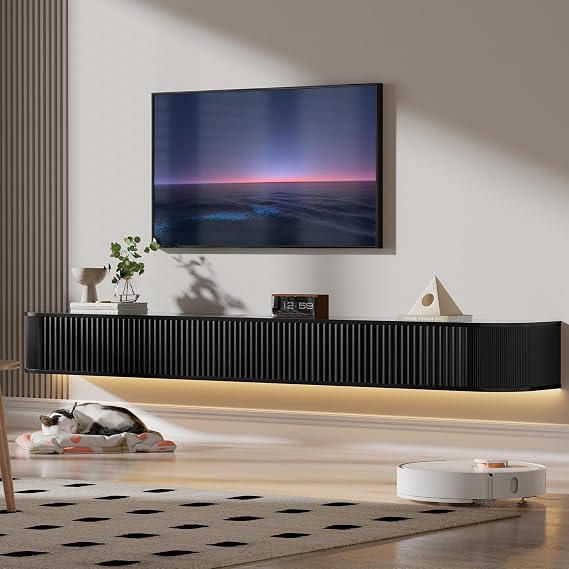 Floating TV Stand Unit with RGB LED Light - 200CM Wall Mounted TV Cabinet with Upgraded Storage & Rounded Edges, Modern TV Media Console for 75-85 Inch TVs