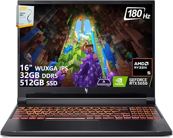 Acer Nitro V 16 AI Gaming Laptop | 16" WUXGA IPS 180Hz | AMD Hexa-Core Ryzen 5 240 | 32GB DDR5 512GB SSD | GeForce RTX 5050 8GB DLSS4 (Up to 440 AI Tops) | Backlit Keyboard Win11 w/DLCA Accessory