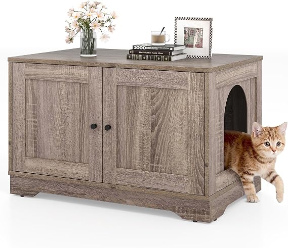 PETSITE Cat Litter Box Enclosure, Modern Hidden Litter Box Furniture with Double Doors, Side Entry, Cat House, Side End Table, 31.5 x 20 x 20 Inches (Grey)