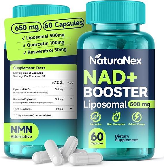 Liposomal NAD+ Supplement 650mg, NAD+, Resveratrol & Quercetin Complex for Cellular Energy, Third-Party Tested, NMN Supplement Alternative, 60 Capsules