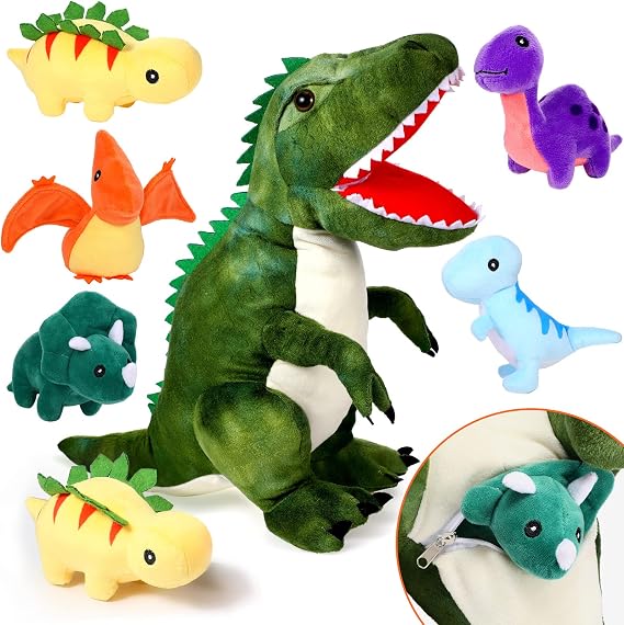 Chalyna 6 Pcs Dinosaur Plush Toy Set with Belly Pouch Stuffed,Dinosaur