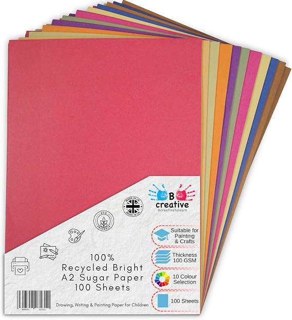 Be Creative A2 Recycled Sugar Paper 59.4 x 42 cm 100gsm – 100 Sheets in 10 Assorted Bright Colours for Arts, Crafts, Drawing & Scrapbooking