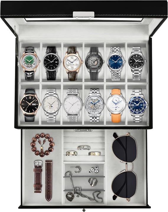 Ogrmar 12 Slot PU Leather Lockable Watch Storage Box for Men & Women Black