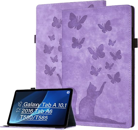 PU Tablet Case for Samsung Galaxy Tab A 10.1 2016 A6/T580/T585 Cat&Butterfly Flip Tab Cover, Stand, Scratch-Resistant, Card Slot, Pen Holder, Purple