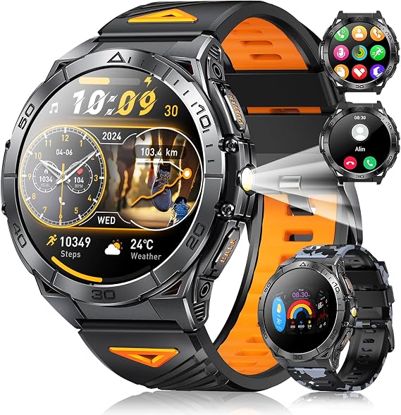 LEMFO Men's Smartwatch with 560 mAh 2 Bracelets/1.43 Inch Amoled Display/150+ Sports Modes/5ATM Compass/Barometer Pressure/Altimeter Fitness Watch Men 24/7 Heart Rate SpO2 (Black) (Blue)