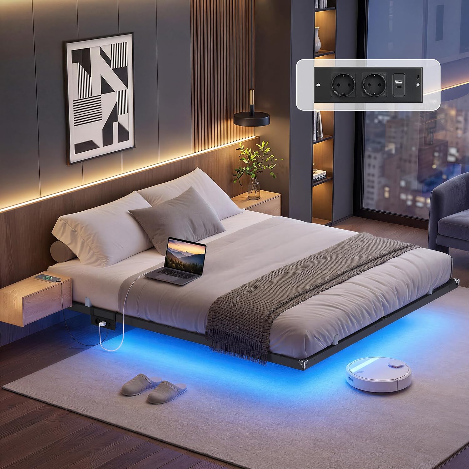 VASAGLE Bettgestell 180 x 200 cm schwebender Effekt LED-Beleuchtung abnehmbare Steckdosenleiste 2 AC-Steckdosen 1 USB-C-Anschluss 2 USB-A-Anschlüsse trägt bis 500 kg tintenschwarz RMB178B101
