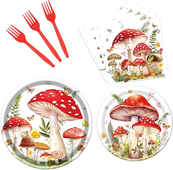Mushroom Party Decorations 96PCS Plates Napkins Forks Forest