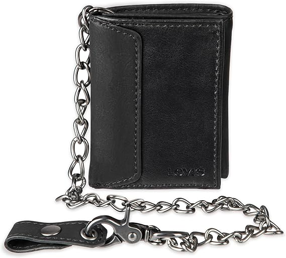 Levi's Men's Trifold Wallet - Sleek and Slim Includes ID Window and Credit Card Holder,Black with Chain