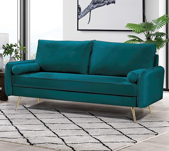 Container Furniture Direct Kent Modern Sofa, European Style Velvet Living Room Furniture with Tapered Legs, Vintage Flair, and Sleek Design, Couch, Greenish Blue