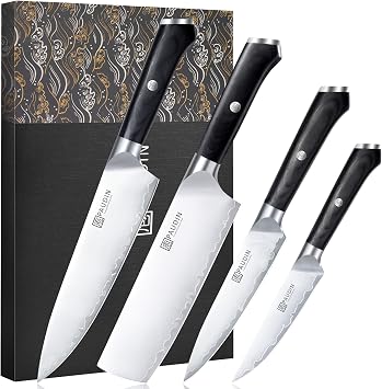 PAUDIN Kitchen Knife Set, Ultra-Sharp Damascus Clad Steel Knives for Meat and Vegetables, Ergonomic Wooden Handle,62 HRC Modern Kitchen Chef Knife Set for Cooking,BBQ,Meal Prep,Gifts for Men and Women