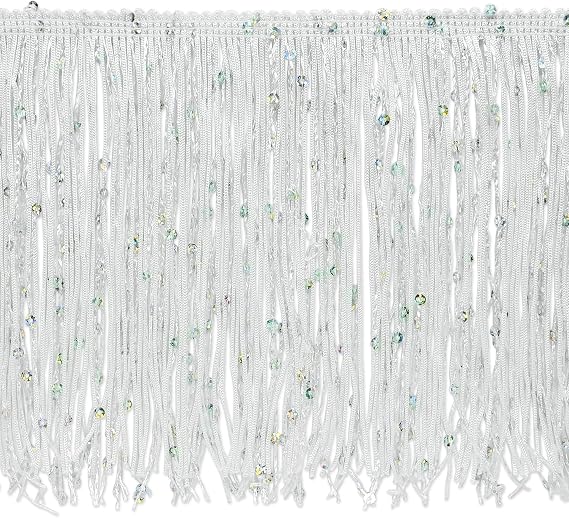Trims By The Yard 6" Starlight Hologram Sequin Chainette Fringe Trim, Polyester-Made Decorative Fringe Trim, Versatile Fringes for Costumes, Home Decor, and Party Decorations, 20 Yards, White