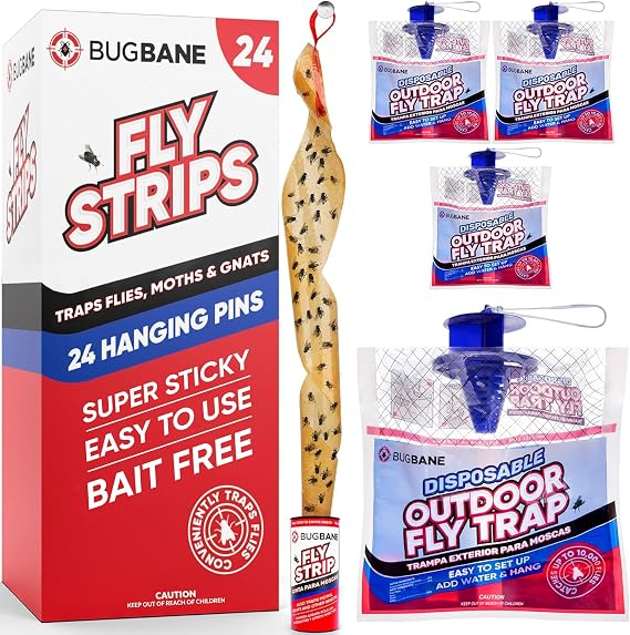 24 Sets of Fly Strips and 4 Sets of Disposable Outdoor Fly Trap Bundle