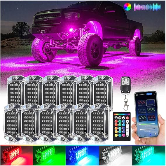 12Pods Full Angle RGB LED Rock Light Kit with APP/RF Remote Control, 30 LED Bright Multi Color Underglow Neon Dual Zone Underbody Light 12V Waterproof Truck Jeep UTV ATV Golf Cart Off-Road RV