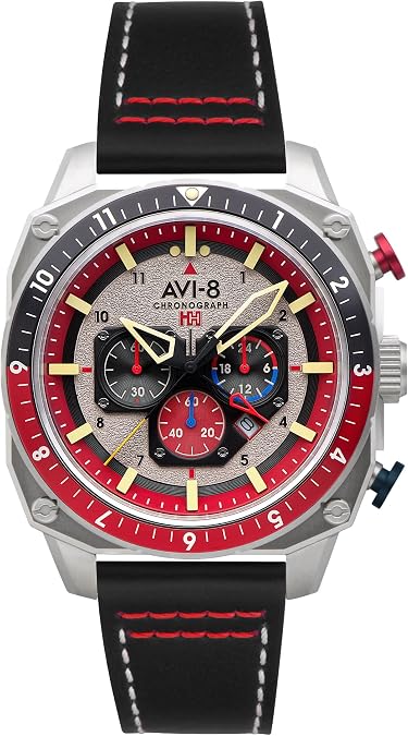 AVI-8 Hawker Hunter Men's Pilot Watch Atlas Dual Time Chronograph, Japanese Quartz Movement, 43mm Stainless Steel Case, Leather Strap AV-4100