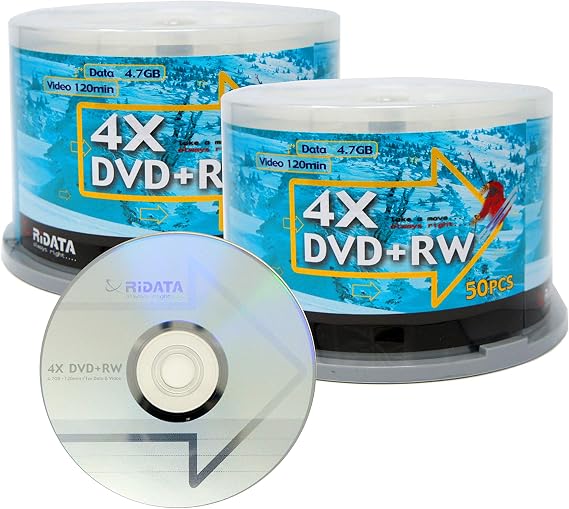 100 Pack Ridata DVD+RW 4X 4.7GB Silver Logo Rewritable DVD Plus RW Re-writable Blank Recordable Media Disc