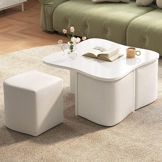 Modern Square Coffee Table Set with 4 Nesting Ottoman Stools, Space Saving Living Room Table with Hidden Seating, Compact Furniture for Apartments, Small Spaces, Lounge or Reception Room