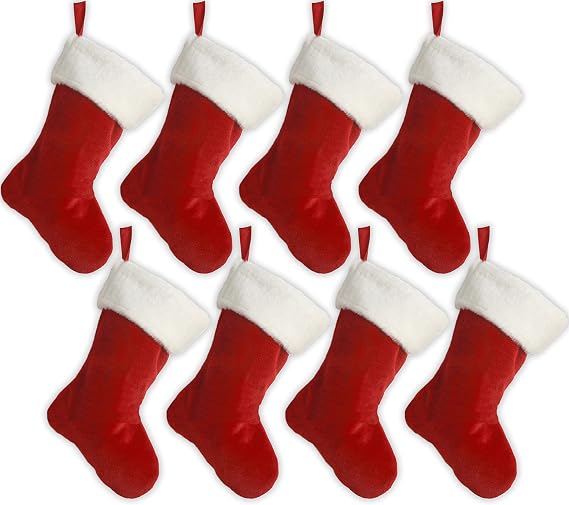 Black Duck Brand Set of 8 18" Red Soft Plush Stocking (8 Pack) W/White Plush Cuff & Red Hanging Tag