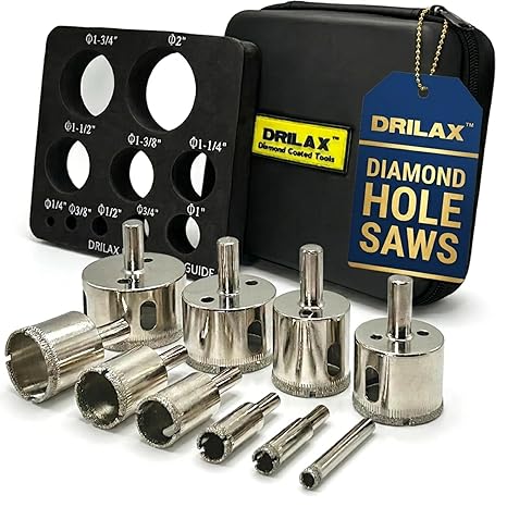 Drilax Diamond Hole Saw Kit for Tile and Glass, 10 Pc Drill Bit Set 14 to 2 Inch with Guide, Ceramic Porcelain Granite Stone Core Bits for Drill, Circle Cutter for Faucet Drain Installation