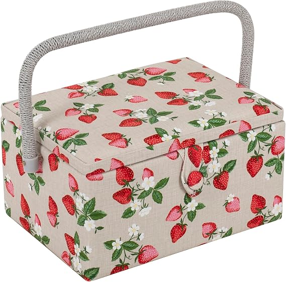 Hobby Gift Medium Sewing Box Organiser with Handle - Cotton Basket Sewing Storage Box, Craft Storage Boxes with Compartments for Tools & Accessories - 18.5 x 25.5 x 14.5cm, Strawberries