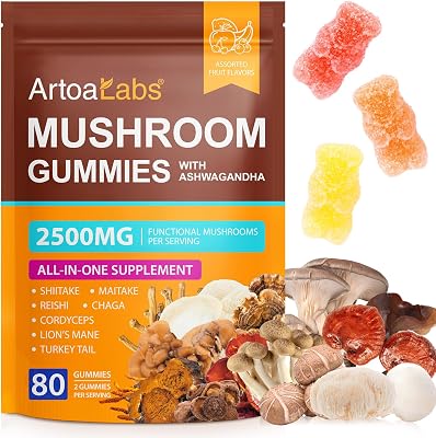 Mushroom Gummies for Adults, Lion Mane Mushroom Gummies Supplement Blend Organic Reishi, Cordyceps & More, Boosts Energy, Memory, Immune Defense, Raspberry Flavor, 80 Gummies