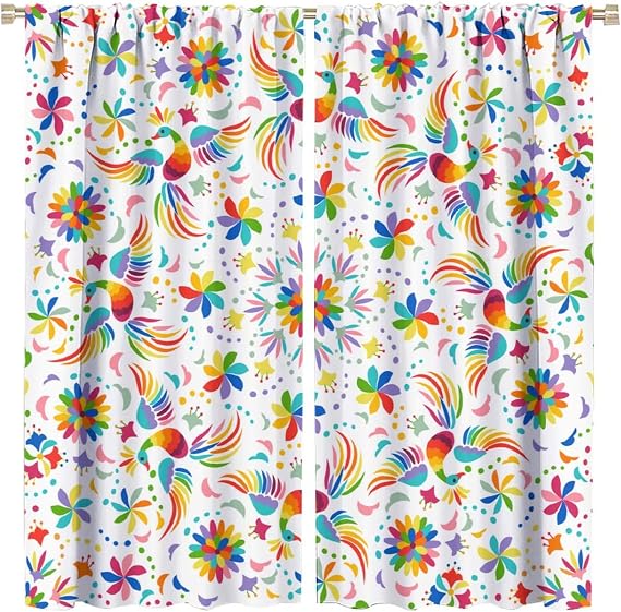 Mexico Floral Curtains, Traditional Mexican Boho Rainbow Birds Flowers Kitchen Window Drapes, Colorful Paisley Ethnic Fabric Modern Window Treatments for Living Room Bedroom 42x45 Inch