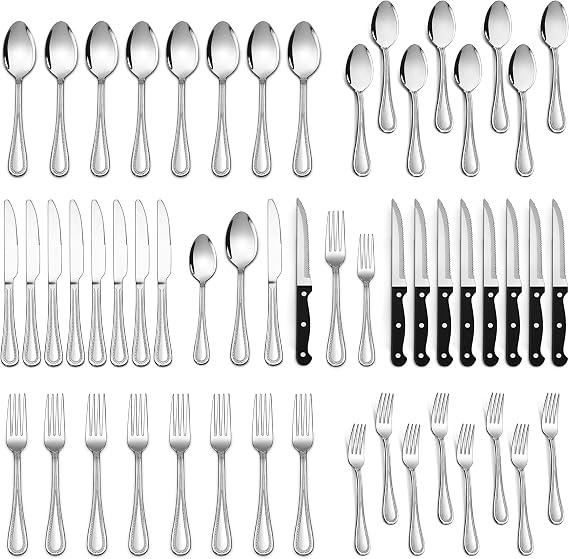 LIANYU Silverware Flatware Set for 12, 72-Piece Silverware Cutlery Set with Steak Knives, Fancy Stainless Steel Eating Utensils Tableware Include Forks Spoons Knives, Beaded Edge, Dishwasher Safe