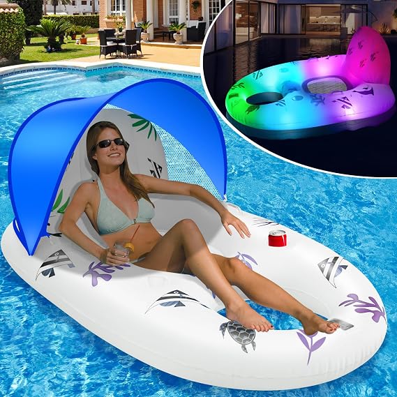 Sinbyuer Inflatable Pool Float for Adults with Canopy Large Pool Float Chair with Cup Holder & Armrest Floating Pool Lounge Water Float for Adults Beach Float for Adults Ocean Lake Float Pool Raft
