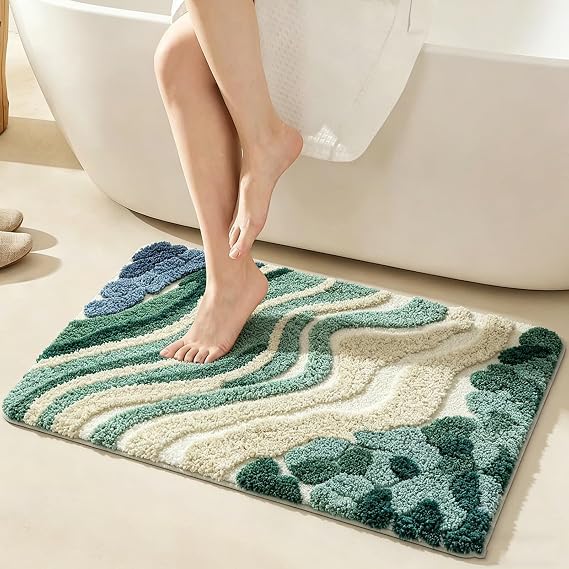 Bathroom Rug Non-Slip Super Absorbent,Fluffy Shaggy Bath Mat,Soft Thick Shower Floor Foot Mat Green Beige(60x110cm(23.6x43.3inch))