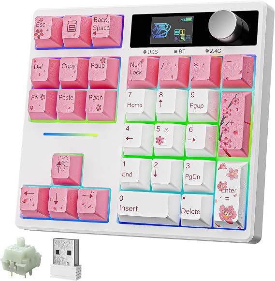 BOYI TD31Pro Gaming Keypad,BT5.0/2.4G/Type-C Wireless Numeric Keypad,RGB HotSwap Numpad Mechanical Number Pad,Gasket Number keypad Shortcut Keyboard(Romatic Cherry Blossom Keycaps)