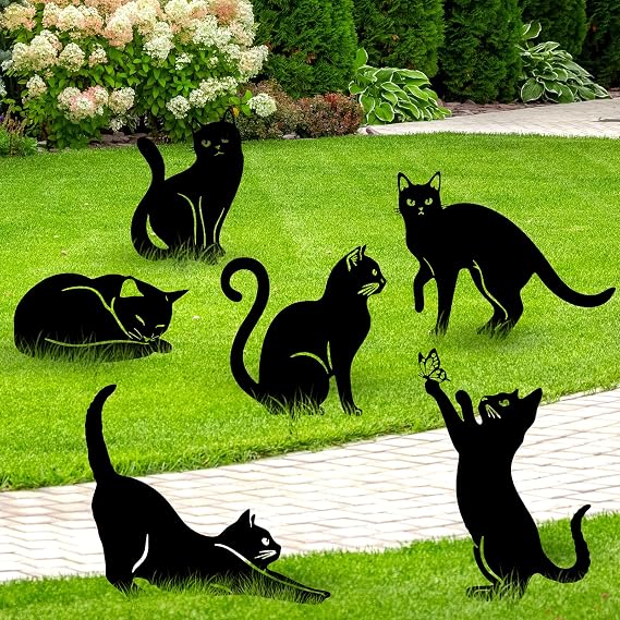 Tandefio 6 Pack Black Cat Garden Stakes Metal Cat Silhouette, Medium