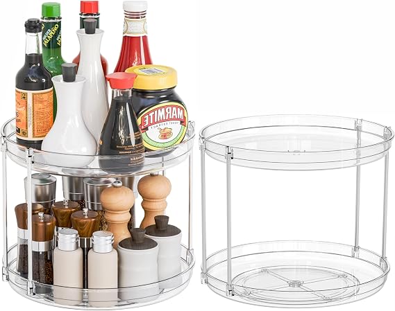2 Tier Lazy Susan Turntable for Cabinet,Countertop,Pantry,9.5"W Spinning Seasoning Organizer,Double Rotating Kitchen Spice Rack Organizer and Condiments,Medicine,Vitamin Bottle Organizer Carousels,2Pc