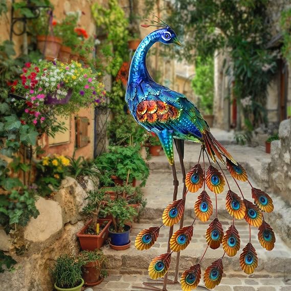 Kircust Peacock Statue Garden Decor, Metal Birds Garden Sculptures & Statues, Peacock Yard Art for Patio Lawn Backyard Home Decorations