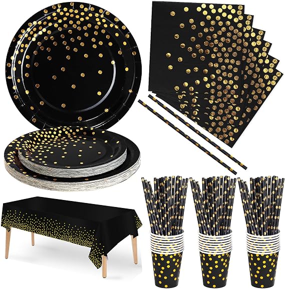 Nkaiso 126 Pcs Black Gold Party Plates Cups and Napkins Set for 25 Guests | Party Tableware Supplies Set with Paper Plates Napkins Cups Straws for Wedding Shower Engagement Wedding Birthday