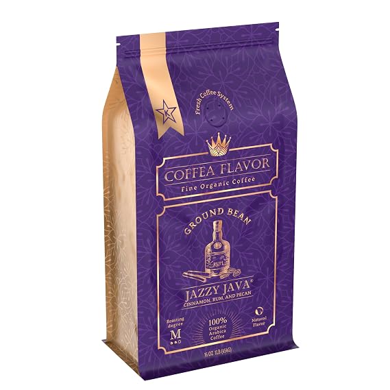 Jazzy Java Flavored Ground Coffee, Organic Medium Roast, Single Origin Dominican Arabica, Naturally Flavored, No Added Sugar, 16 oz | Coffea Flavor