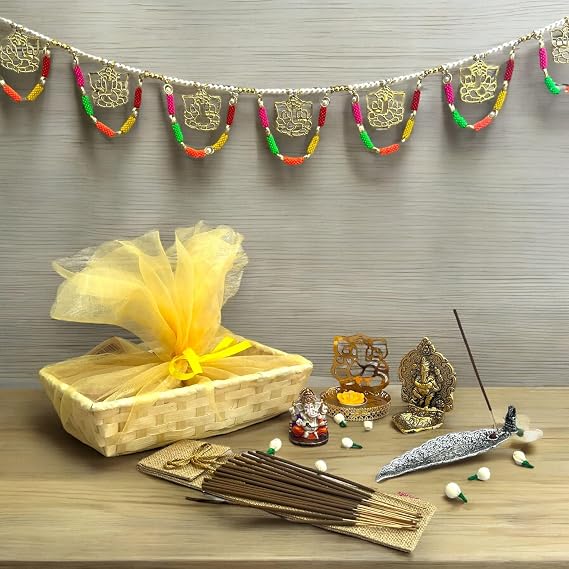 LOVENSPIRE Ganesha Gift Hamper Hindu Religious Ganesh Chaturthi Diwali Puja Housewarming Sankranti Return Gifts - Gift Basket Door Toran Incense Holder & Stick Acrylic Ganesha Diya Candle Holder