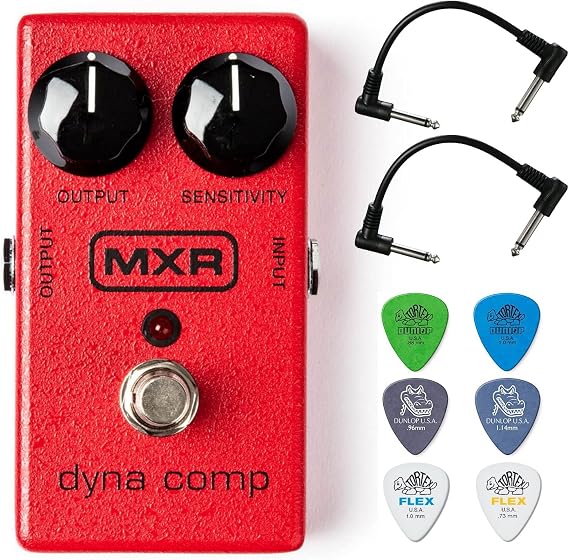 MXR M102 Dyna Comp Compressor Pedal Bundle with 2 Patch Cables and 6 Dunlop Picks