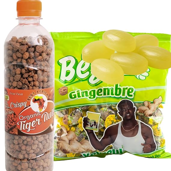 African Delights Snack Gift Set Bundle, 2 Pack (Organic Tiger Nuts Snack 12 oz and Begue Sweet & Spicy Ginger Candy) Theme-Based African Snack Combo