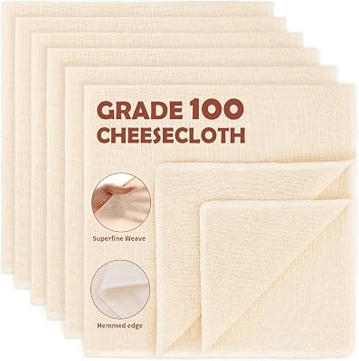 6Pcs Cheesecloth for Straining 20x20 Inch, 100% Unbleached Cotton 100 Grade Ultra-Dense Cheese Cloths Strainer, Hemmed 4 Edges, Reusable Muslin Cloth for Straining Yogurt,Nut Milk,Cheese 56x42 Weave