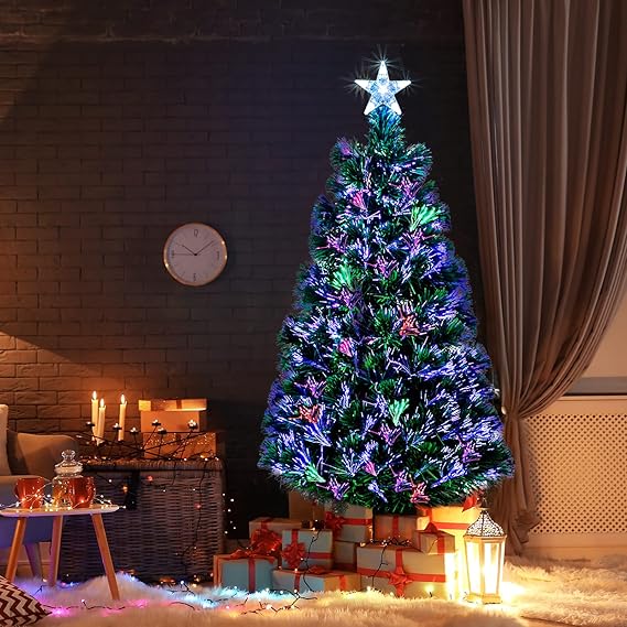 6FT Pre-Lit Fiber Optic 36 Color Changing Lights Christmas Pine Tree, Artificial 230 Branches Festive Party Holiday Fake Multicolored Xmas Tree for Home, Office, Includes Snowflakes and Top Star (6FT)