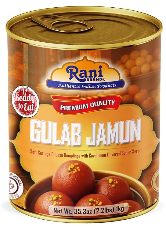 Rani Gulab Jamun Round (w/ Cardamom Flavored Sugar Syrup) 35.3oz (2.2lbs) 1kg, Approximately 14 pieces, Easy Open Lid ~ Ready to eat | Non-GMO | Kosher | Indian Origin