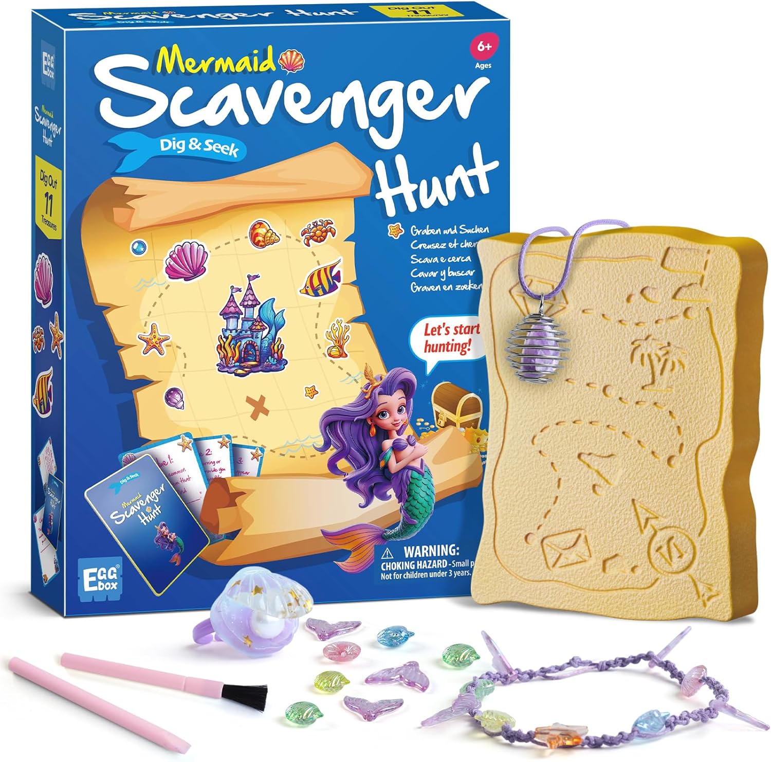 EDUMAN Mermaid Scavenger Hunt Dig Kit - Treasure Dig Kit Arts & Crafts, STEM Inspired Educational Toy with Clue Cards, Gemstone Dig Kits & DIY Jewelry Making Kit for Kids 6, Ideal Gift for Girls