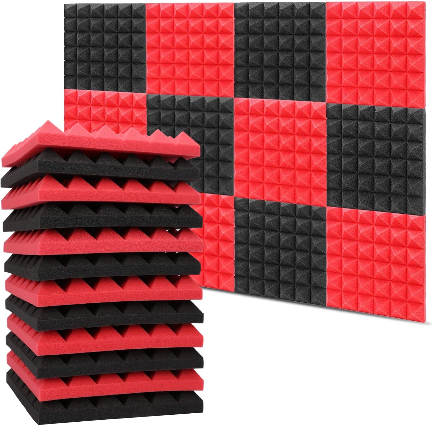 12 PCS Acoustic Sound Foam Panels 12 x 12 x 2 Inch Wall Soundproofing Panel Noise Proof Pyramid Studio Foam, 6 Red & 6 Black