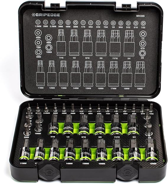 GRIPEDGE Tools | 38-PC Master RPT Hex Driver Set| Sizes 1.5MM - 19MM & 1/16" - 3/4" | 1/4'' - 3/8'' - 1/2'' Drive | Made With S2 Steel | Includes Premium Plastic Case With Foam Insert |
