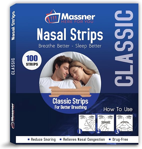 MASSNER Nasal Strips for Snoring, Large 100 Pack - Extra Strength Anti Snoring Solution for Men, Women - Clears Air Way to Breathe Better - Sleep Right, Snore Less - Stuffy Nose Relief for Congestion