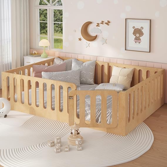 Bellemave Queen Size Montessori Floor Bed with High Fence and Door, Natural
