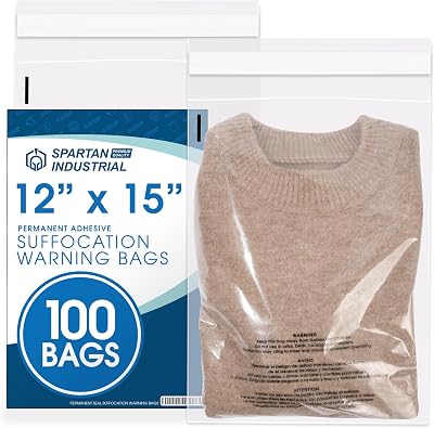 Spartan Industrial - 12 X 15 100 Count Self Seal Clear Poly Bags with Suffocation Warning for Packaging, T Shirts & Shipping - Permanent Adhesive