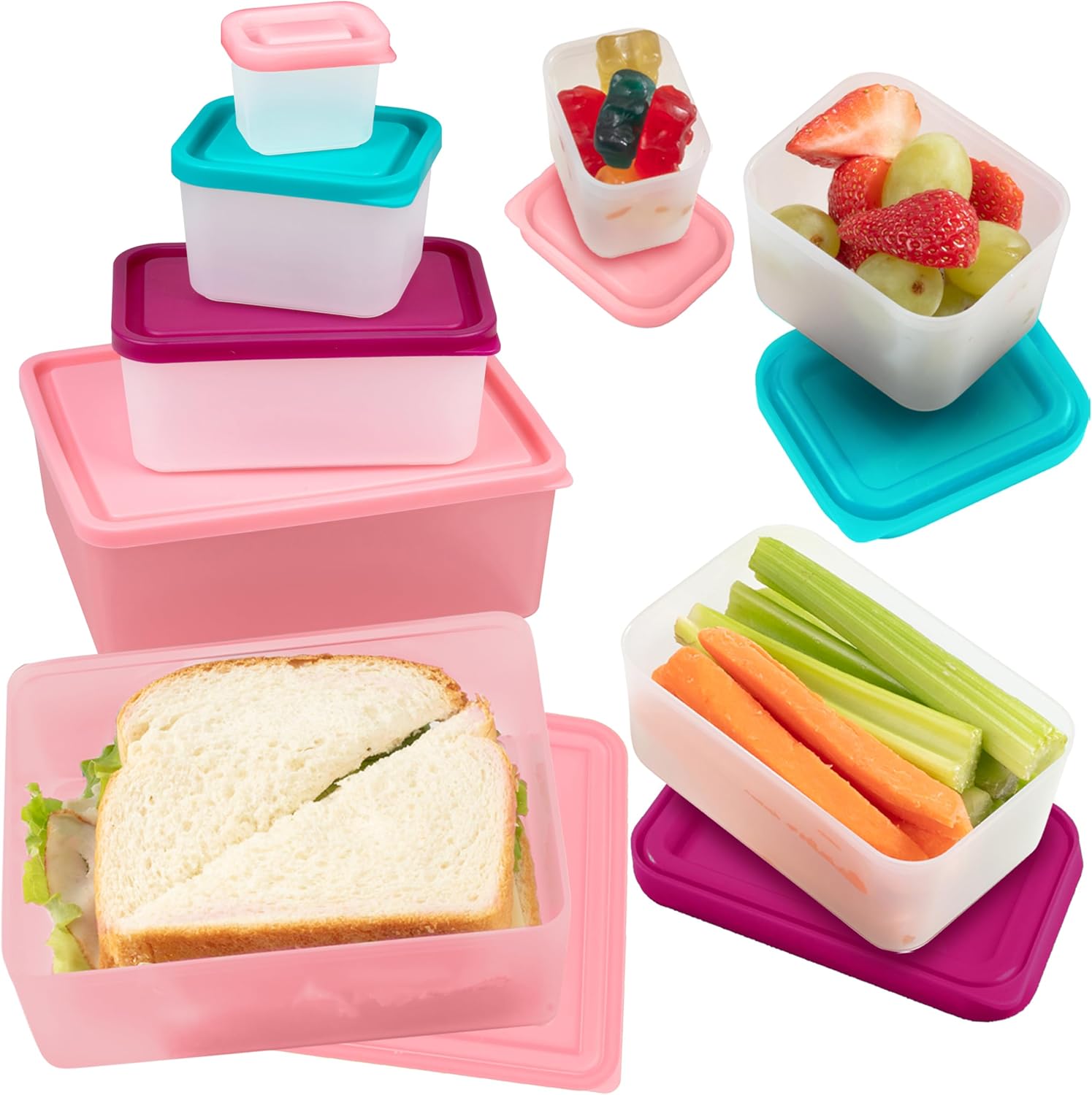 Bentology Snack Buddies - Mini Bento Snack Lunch Box w 4 Portion Control Meal Containers and Lids - BPA, PVC Free, Food Safe - On-the-Go lunchbox - Pink