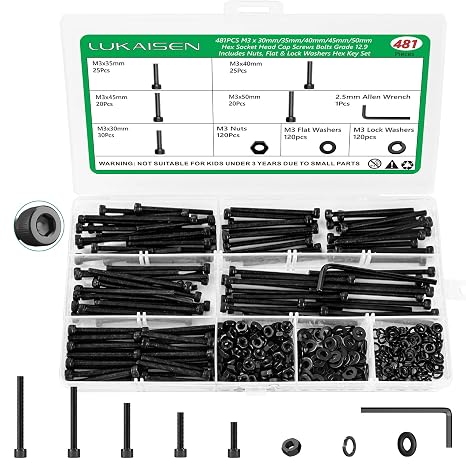 M3 Nuts and Bolts Set, 481 Pcs Black Hex Socket Screws Washers Kit