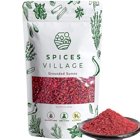 SPICES VILLAGE Ground Sumac Spice, Sumac Seasoning, 8 oz, Sumac Powder, Kosher Certified, Gluten Free Non GMO, Resealable Bag